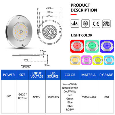 RGB Ultra Slim IP68 Oświetlenie basenu LED SS316L obudowa Zintegrowany typ SMD2835 6w Podwodne światła wodoodporne