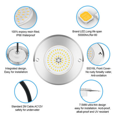 RGB Ultra Slim IP68 Oświetlenie basenu LED SS316 Gniazdo zintegrowany typ SMD2835 6W
