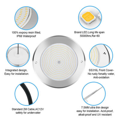 Podwodne światła LED basenu 316 ze stali nierdzewnej 25W Smd2835 Żywica wypełniona 3000K RGB Lampa basenu SMD 2835 AC 12v IP68 W pełni wodoodporna