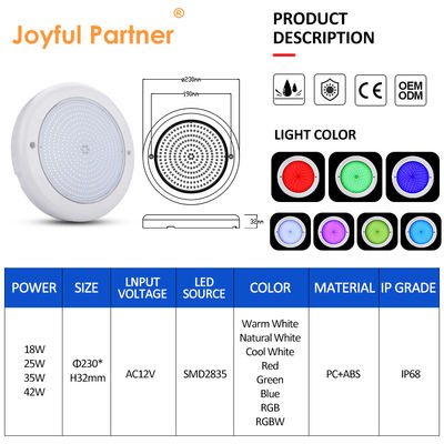 Wodoszczelny basen Światło na ścianie Rgb AC12v Prężnica 230mm Grubość ABS Materiał 42W