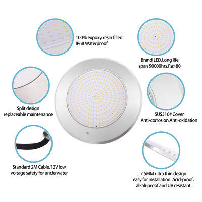 Wodaodporny PAR56 LED Pool Light 316 SS ABS obudowa Ultra Thin 7.5mm Żywica wypełniona ścianą zamontowana 230MM 18W 25W DC AC12V