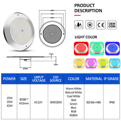 Zdalnie sterowane światła basenu wody ze stali nierdzewnej 316 powierzchnia zamontowana 42W światło basenu AC12/24V RGB