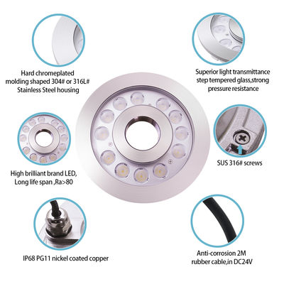 Okrągłe fontanny IP68 Stal nierdzewna DMX Kontrola RGB 24V LED Podwodne światło 12W 24W 36W
