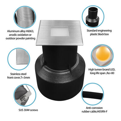 3W LED kwadratowe wgniecione światło wgłośne 304 lub 316 ze stali nierdzewnej Wielkość 45*45MM Aluminiowy obudowa