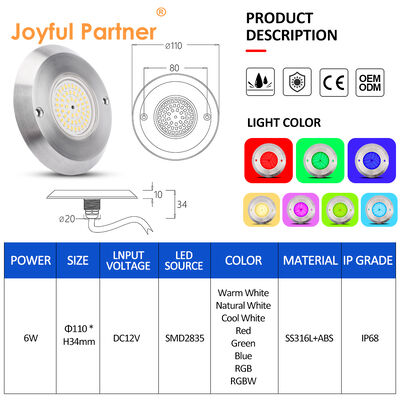 IP68 Podwodne światło basenowe PAR 56 6W SMD2835 Wymiary 110*34MM Ultra cienkie 10MM