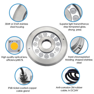 Światło podwodne LED Ciepły biały12 Volt 12W SS 316 Materiał z długością 2 metrów